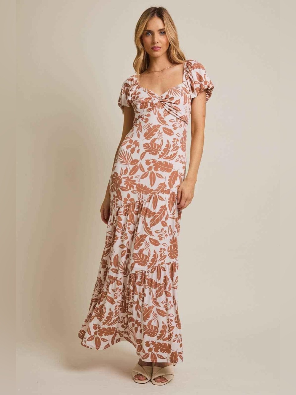 Plus - Floral Twist-Front Maxi Dress in Cream and Tan